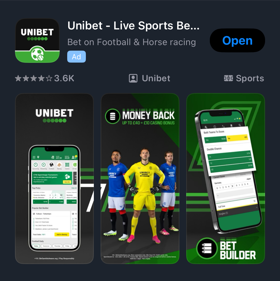 Unibet's app shown on the iOS app store